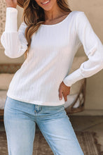 Camel Ribbed Bishop Sleeve Round Neck Top