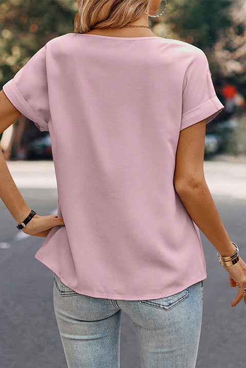 Light Pink Solid Pleated Patched Crew Neck T Shirt