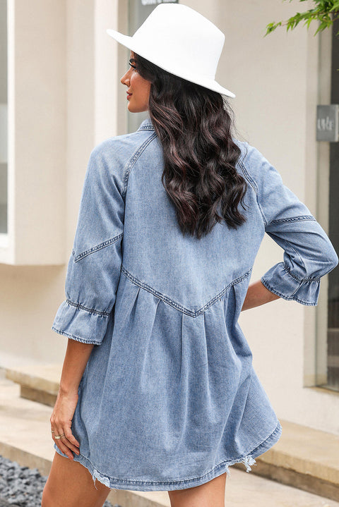 Light Blue Ruffled 3/4 Sleeve Buttoned Front Plus Size Denim Dress