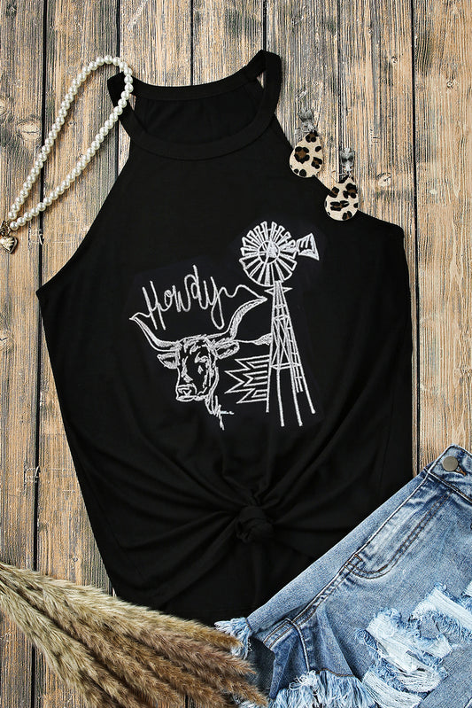 Black Western Howdy Embroidered O Neck Tank Top