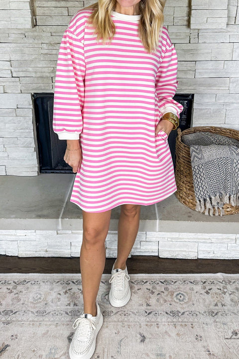 Pink Stripe Round Neck Puff Sleeve Pocketed Shift Dress