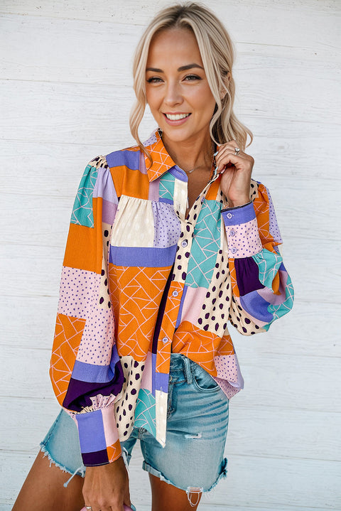 Multicolor Mixed Print Button Front Cuffed Sleeve Shirt