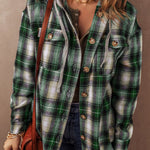 Green Plaid Print Chest Pocket Buttoned Hooded Shacket