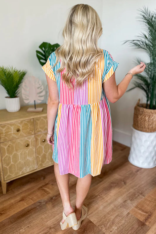 Multicolour Colorblock Striped Short Sleeve Buttoned Shirt Dress