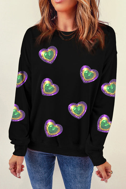 Black Mardi Gras Heart Print Crew Neck Sweatshirt