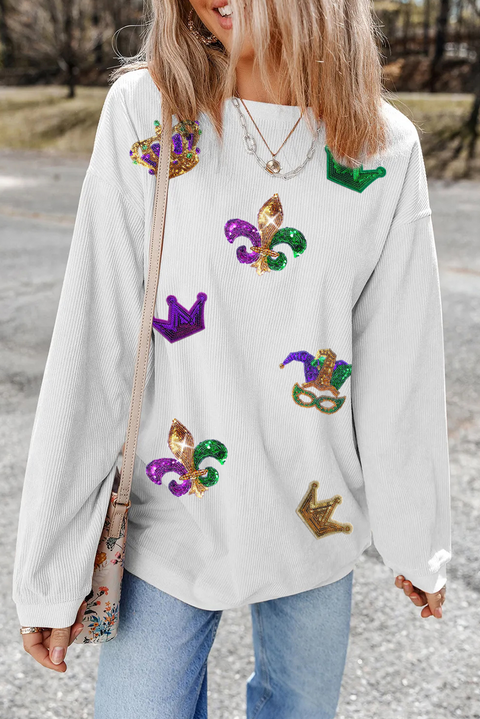 White Sequin Mardi Gras Symbol Crown Mask Patched Corded Sweatshirt