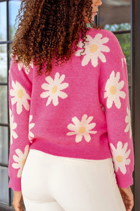 Bright Pink Daisy Flower Crew Neck Long Sleeve Sweater