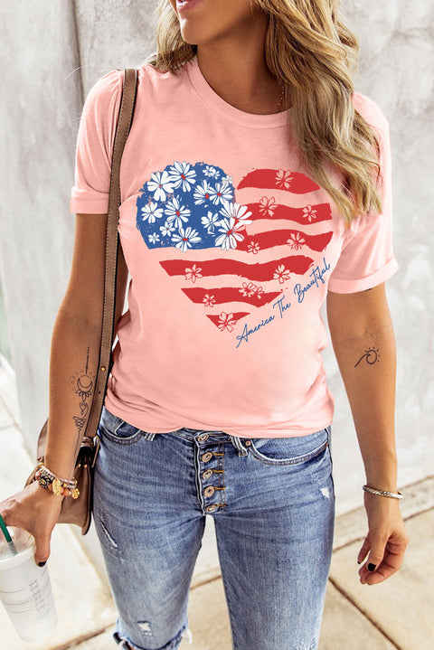 Pink Floral American Flag Heart Shape Graphic T Shirt