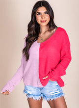 Pink Long Sleeve V-Neck Colorblock Sweater