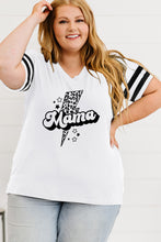 White Leopard Bolt Mama Varsity Striped Sleeve Plus V Neck Tee