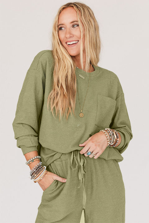 Laurel Green Waffle Knit Long Sleeve Top Drawstring Joggers Set