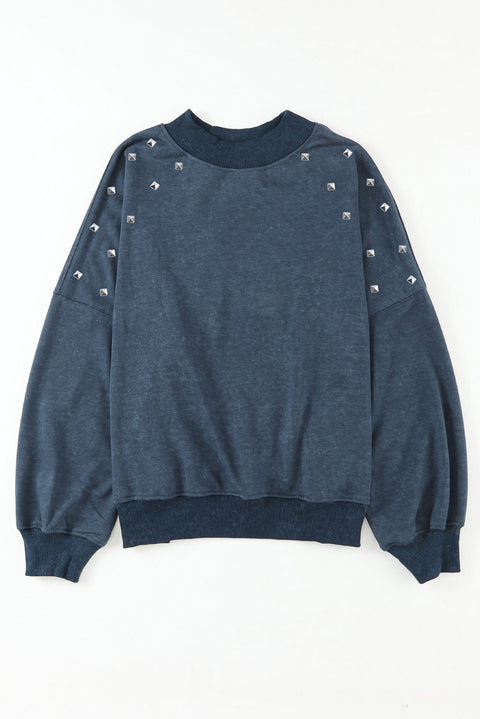 Sky Blue Beads Stud Drop Shoulder Loose Sweatshirt