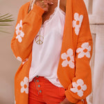 Orange Floral Print Knitted Open Front Loose Cardigan