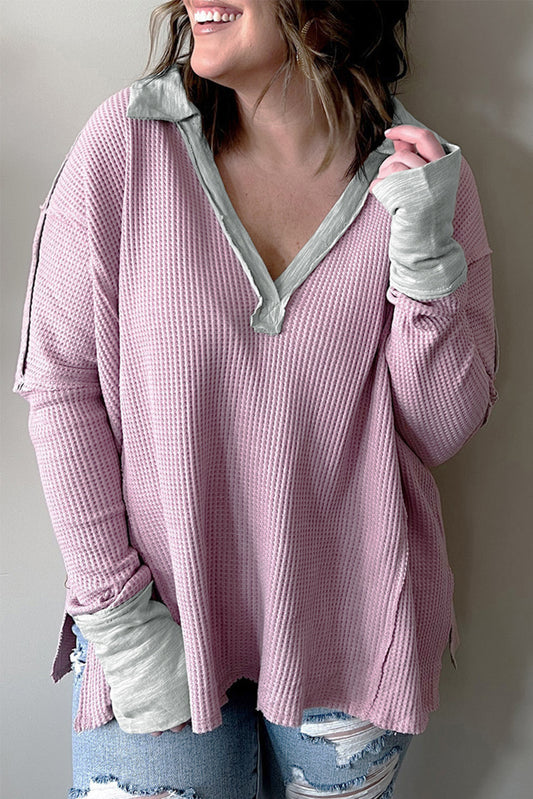 Pink Plus Size Exposed Seam Waffle Knit Top