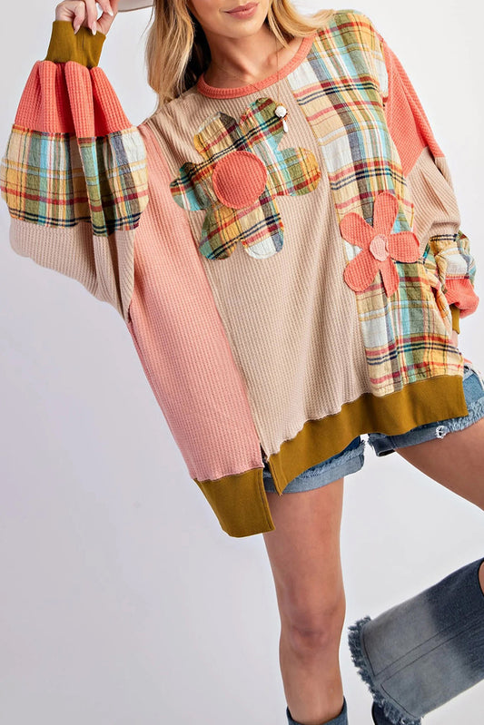 Multicolour Waffle Knit Plaid Patchwork Side Slits Loose Sweatshirt