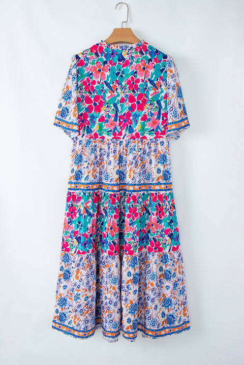 Sky Blue Mixed Floral Print Tie Split Neck Short Sleeve Dress