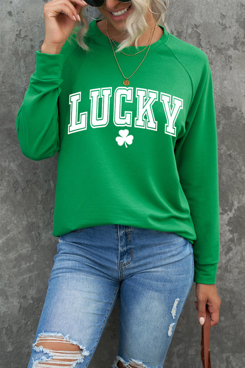 Green St. Patricks LUCKY Clover Print Raglan Sleeve Sweatshirt