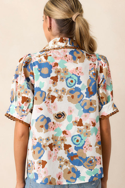 Multicolour Floral Print Ricrac Trim Collared Puff Short Sleeve Shirt