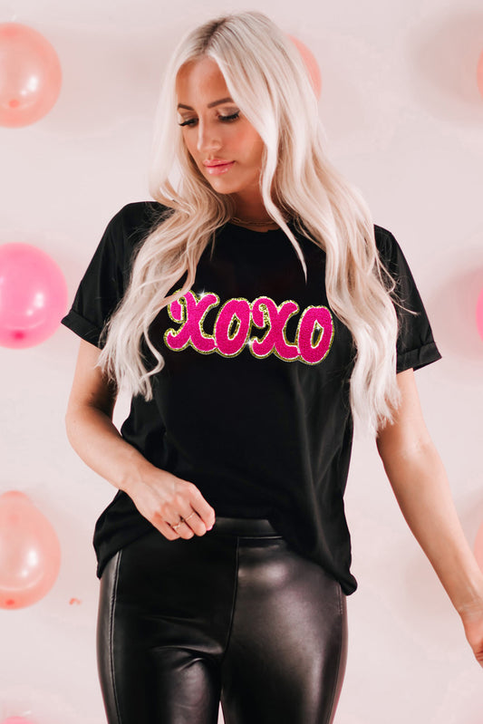 Black xoxo Glitter Chenille Graphic Valentines T-shirt