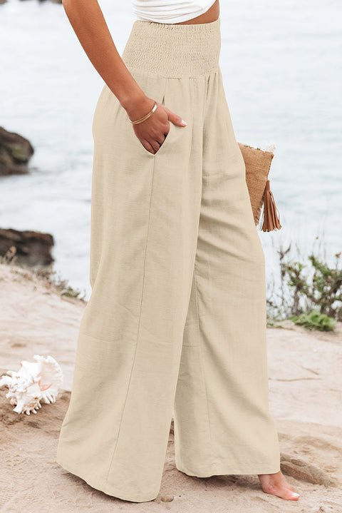 Khaki Smocked Wide Waistband High Waist Wide Leg Pants