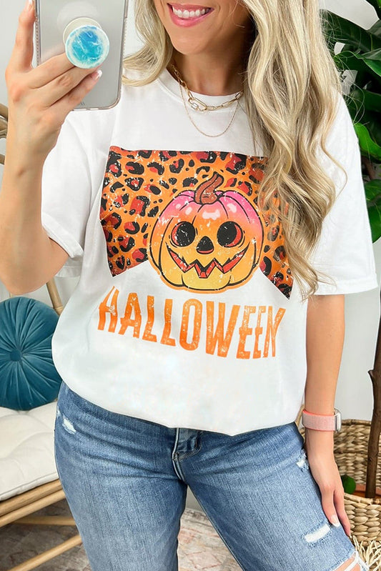 White Leopard Pumpkin Face HALLOWEEN Graphic T Shirt