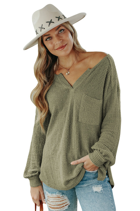 Waffle Knit Split Neck Pocketed Loose Top