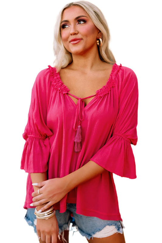 Frilled Split V Neck Ruffled Sleeve Shift Top