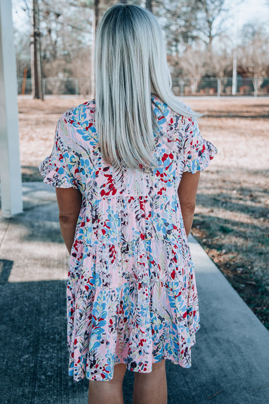 Short Sleeves Floral Print Tiered Ruffled Dress