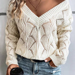 Beige Hollow Out Knit V Neck Drop Shoulder Sweater