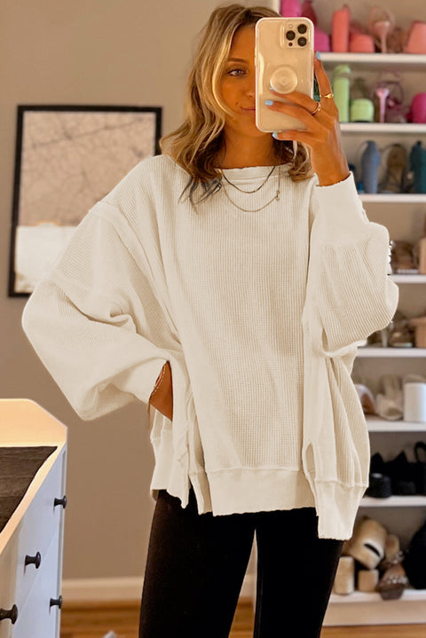 White Waffle Knit Bishop Sleeve Split Oversized Sweatshirt