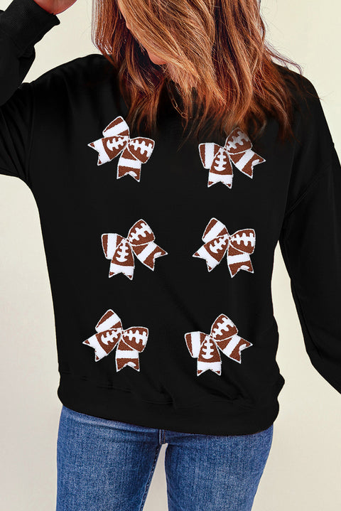 Black Rugby Football Bowknot Patched Crew Neck Game Day Sweatshirt