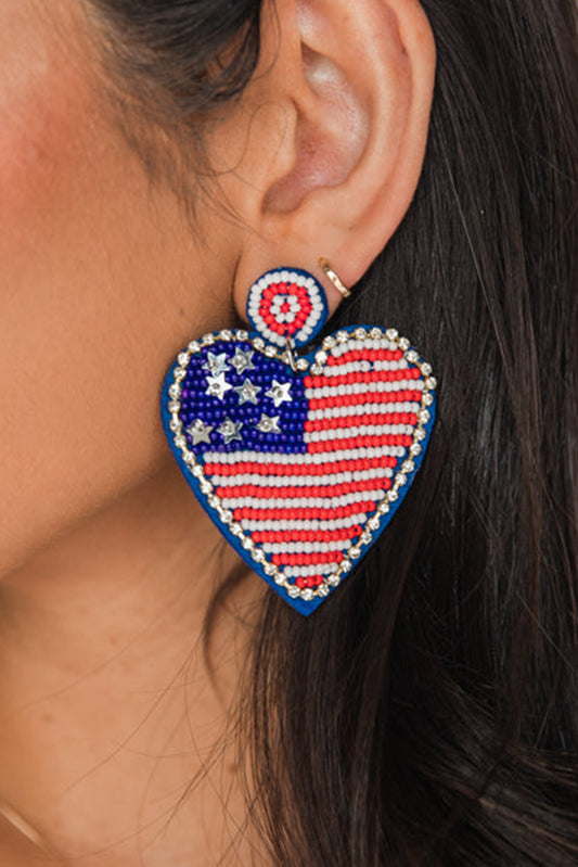 Sail Blue Rhinestone Beaded American Flag Heart Earrings