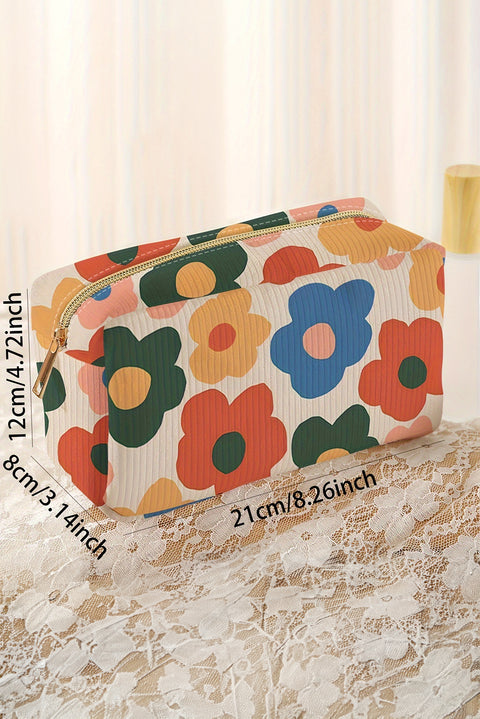 White Flower Print Zipper Square Corduroy Cosmetic Bag