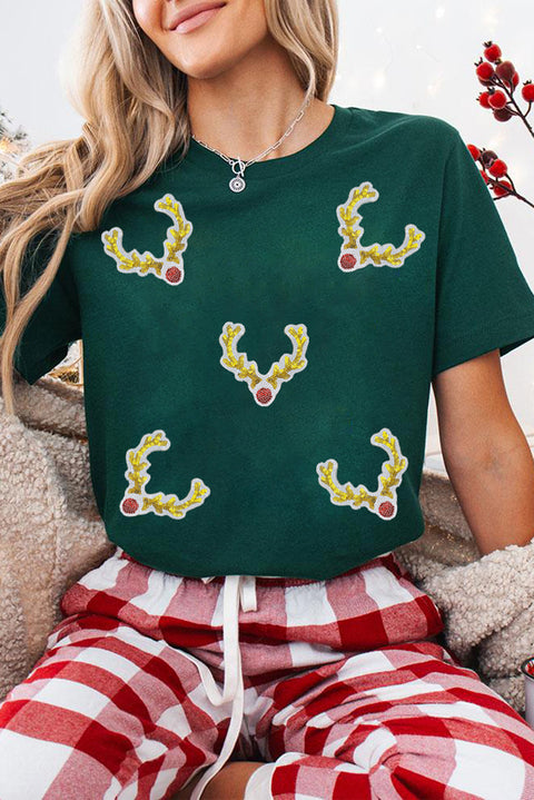 Green Christmas Reindeer Antler Patched Graphic Tee