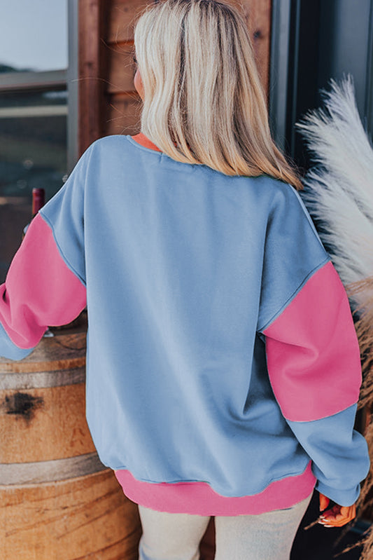 Bright Pink Colorblock Patchwork Drop Shoulder Sweatshirt