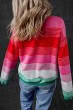 Rose Striped Knit Patch Pocket Drop Shoulder Sweater