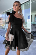 Black Bowtie One-shoulder Tulle Overlay Skater Dress