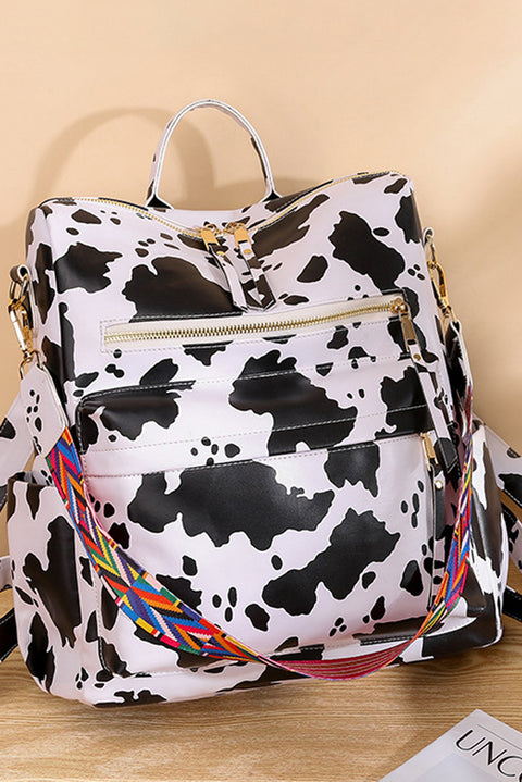 White Cow Print Multi Compartment PU Leather Backpack