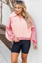 Pink Exposed Seam Fuzzy Patchwork Zip Neck Sweatshirt