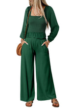 Green Square Neck Smocked Peplum Top and Pants Set