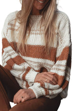 White Striped Knit Puff Sleeve Casual Sweater