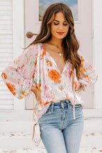 Multicolor Abstract Print Split Neck Puff Sleeve Blouse