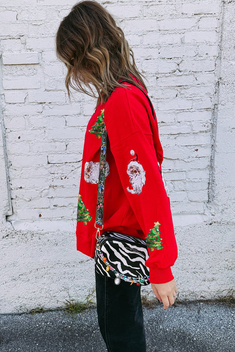 Red Santa Claus Christmas Tree Patched Pattern Drop Shoulder Sweatshirt