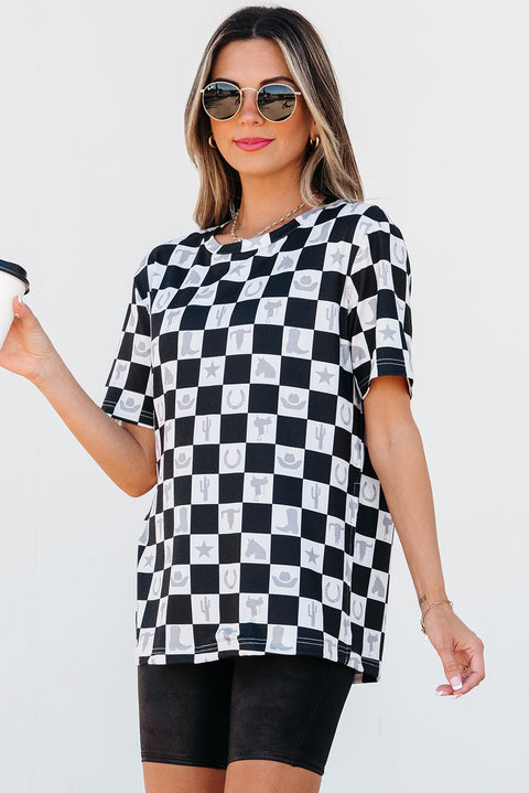 Black Western Fashion Checkerboard Print Side Split T Shirt