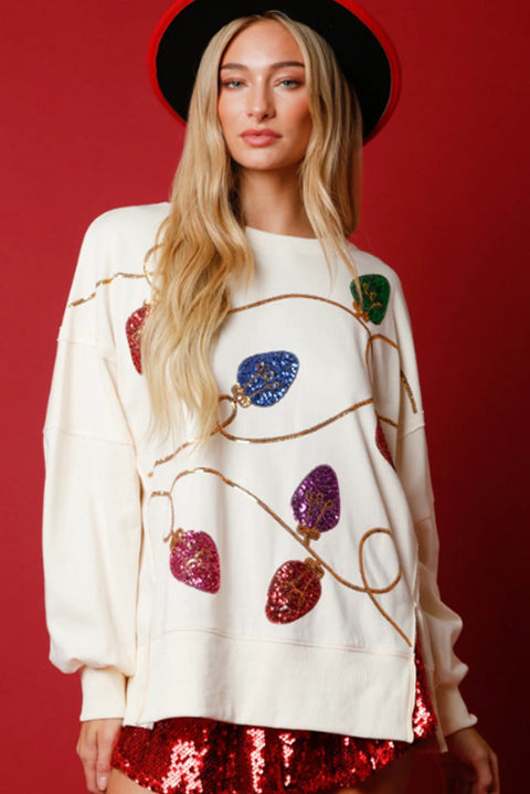 Apricot Bright Christmas Lights Sequined Oversized Sweatshirt