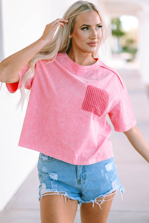 Acid Wash Lace Patch Pocket T-Shirt