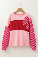 Pink Floral Patch Color Block Striped Sleeve Textured Top