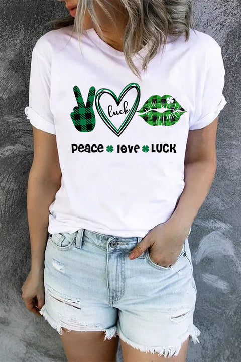 Peach Love Luck Graphic Print Crew Neck T Shirt