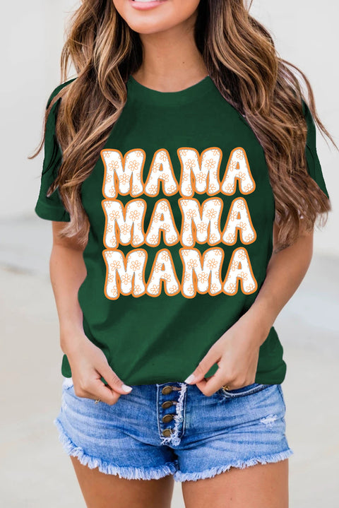 Green MAMA Flower Slogan Print Crew Neck T Shirt