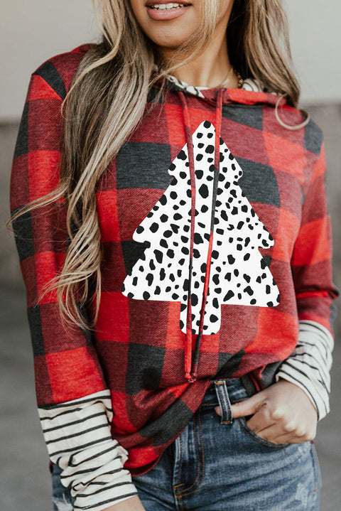 Red Plaid Patch Sleeve Leopard Christmas Tree Graphic Hoodie